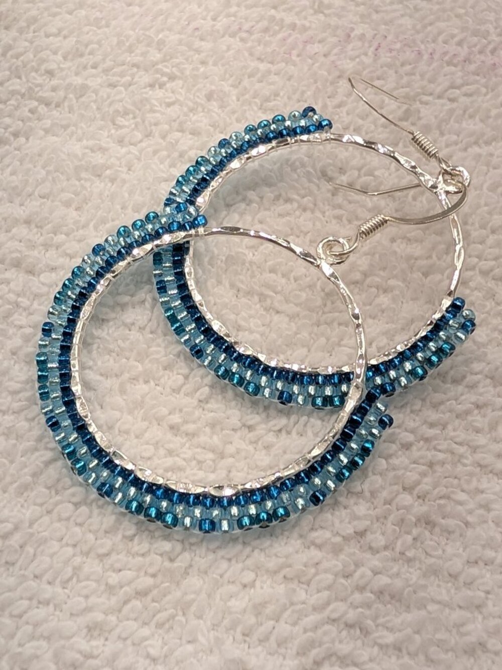 Handcrafted Round Dangle Blue Ombre Bead Earrings, New